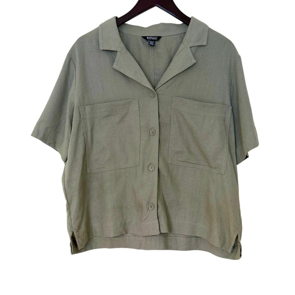 Buffalo David Bitton Linen Blend Utility Button Up Green Shirt